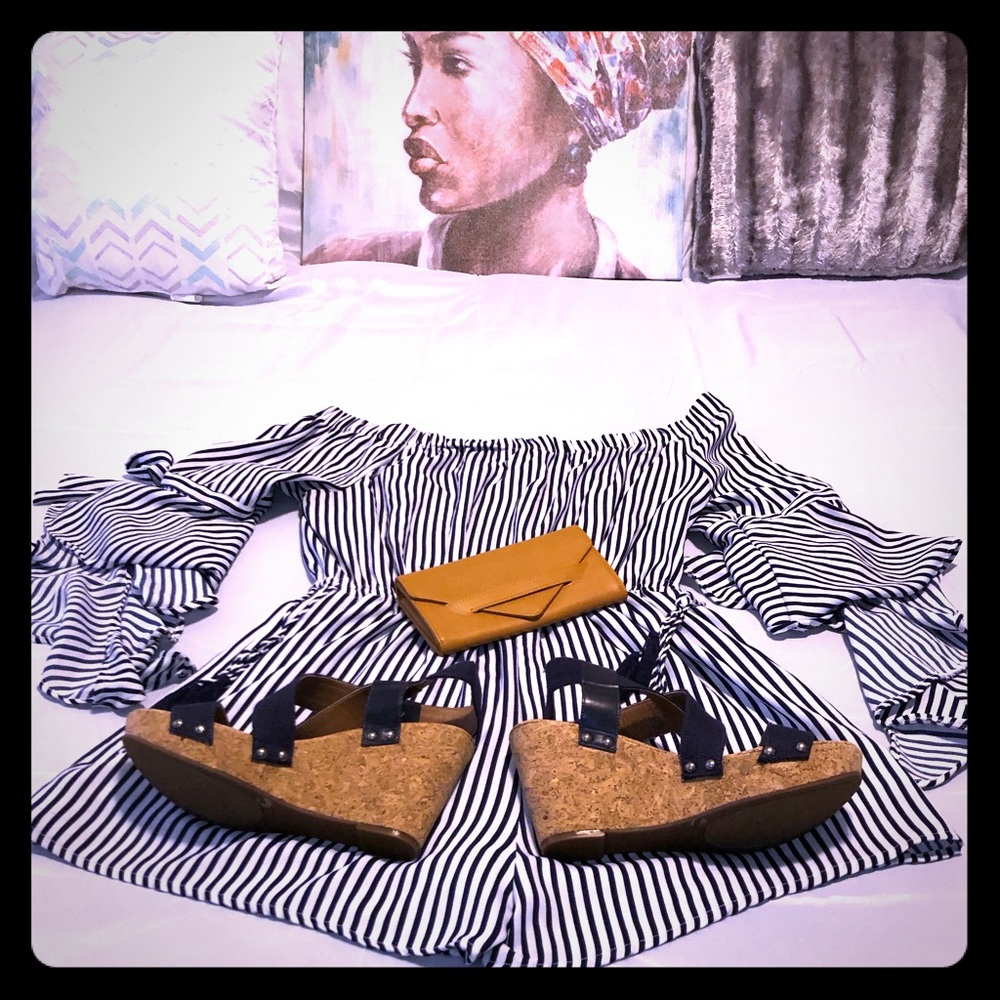 Off the shoulder stripped romper